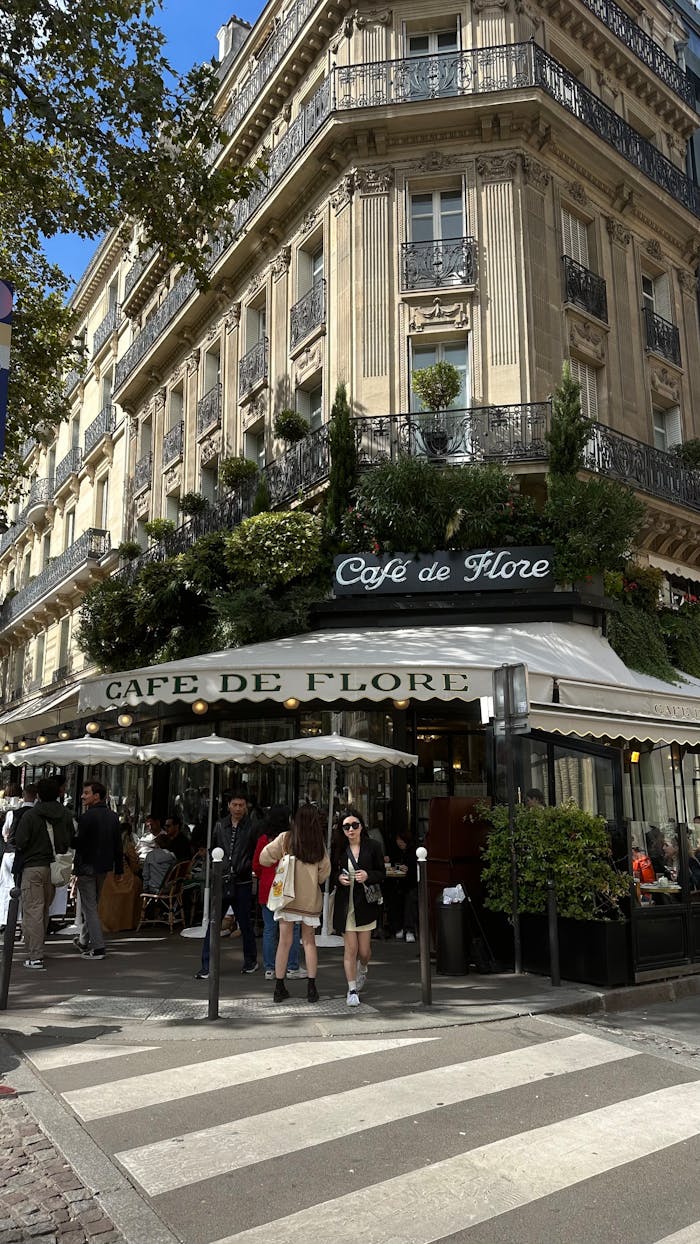 Sunny day at Café de Flore in Paris with people enjoying outdoor seating.